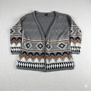 rue21 Gray Aztec Fair Isle Open Front Cardigan Sweater Boho Knit Womens Large